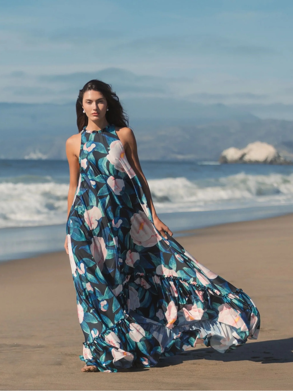 Mac Duggal High Neck Floral Babydoll Long Dress